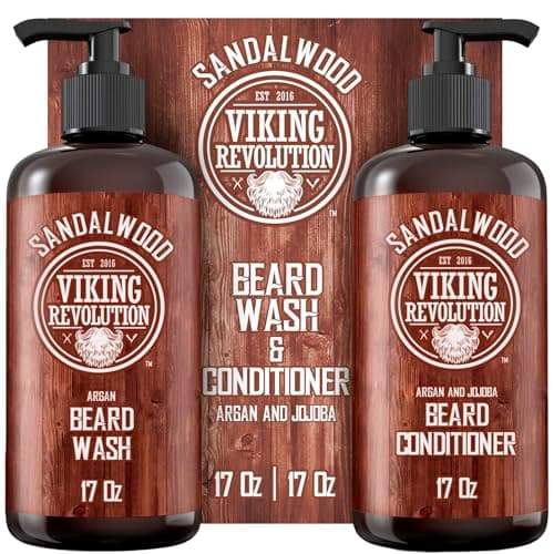 Viking Revolution Beard Wash & Beard Conditioner Set with Argan & Jojoba Oils - Softens and Strengthens - Natural Sandalwood Scent - Beard Shampoo with Beard Oil (17 oz) - Image 1