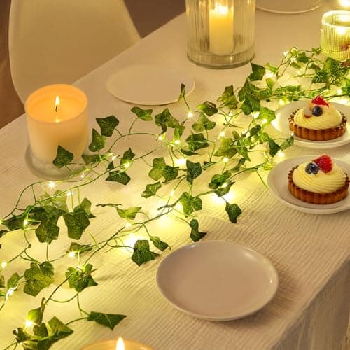 LHYLDS 33Ft Vines with Lights Battery Operated, 100 LED Artificial Ivy Garland String Lights Fake Green Leaf Fairy Light for Bedroom,Room,Wall Garden, Party, Wedding Birthday Party Decor (Warm White) - Thumbnail 3