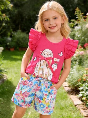 AMAWMW Girls 2 Piece Outfit Summer Clothes Ruffle Sleeve Shirts Top Paperbag Waist Shorts With Pockets Kids Clothing Set, Hot Pink, 4-5T - Thumbnail 2