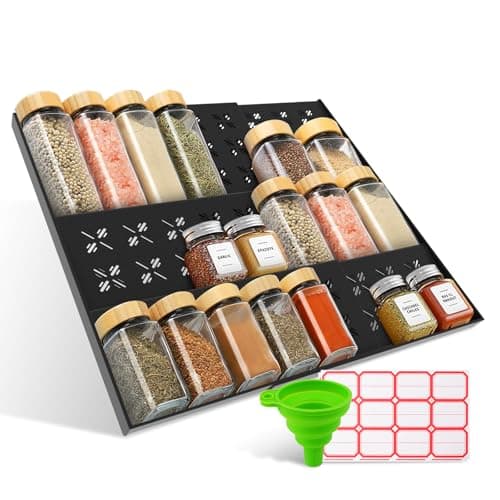 DIOLOVE Spice Rack, Expandable Spice Drawer Organizer (11"-22"), Sturdy & Vented Plastic Seasoning Storage with Labels & Funnel, Drawer Organization for Kitchen, Office, Cosmetic (Jars Not Included) - Image 1