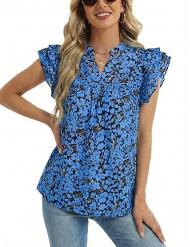 CiCiBird Women's Boho Floral Print Blouse V Neck Ruffle Short Sleeve Shirt Summer Casual Dressy Tops Royal Blue Medium - Image 1