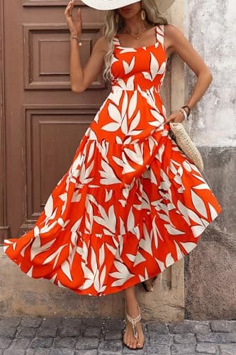 PRETTYGARDEN Women's 2026 Summer Floral Maxi Dress Sleeveless Smocked Ruffle Long Flowy Beach Vacation Boho Sundresses (Floral Orange Beige,XX-Large) - Thumbnail 3