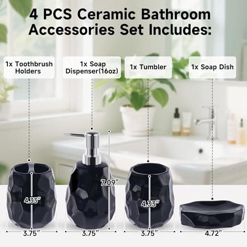 Ceramic Bathroom Accessories Set 4 PCS,Bathroom Toothbrush Holder Set,Soap and Toothbrush Holder Set,Include Toothbrush Holder,Soap Dispenser,Soap Dish,Tumbler,Bathroom Sets Decor Organizer (Black) - Thumbnail 2