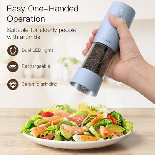 Ultrean Pepper Grinder, Rechargeable Salt and Pepper Shakers, Automatic Grinder for Kitchen,6 Adjustable Coarseness, LED Light, Christmas Gifts, Sky Blue - Thumbnail 2
