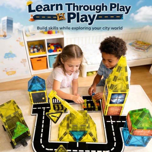 LATI Construction Magnetic Tiles City Set for Kids, Double-Sided Day & Night Building Blocks with Crane, Roads, Traffic Signs & Construction Vehicles, STEM Learning Toy for Boys & Girls Ages 3+ - Thumbnail 4