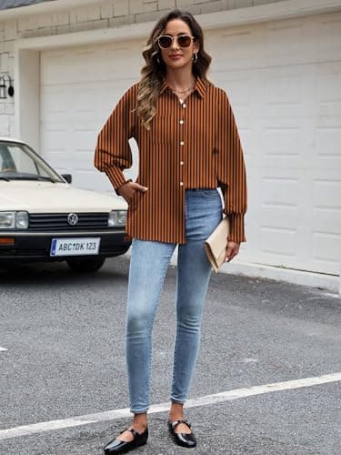 Bellcoco Women's Striped Button Down Shirts Dress Shirts Smocked Puff Sleeve Casual Collared Office Work Shirt with Pocket L - Thumbnail 5