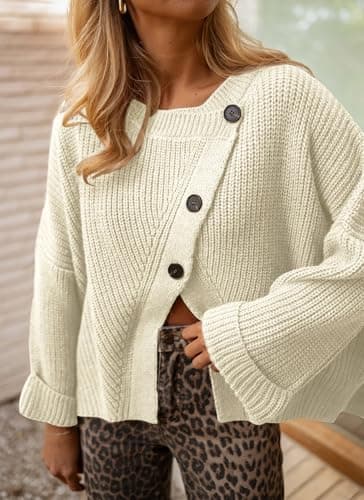 Balimtoy Womens Oversized Chunky Knit Cardigan Sweaters Trendy Long Sleeve Crew Neck Button Down Wrap Sweater Jackets White S - Thumbnail 2