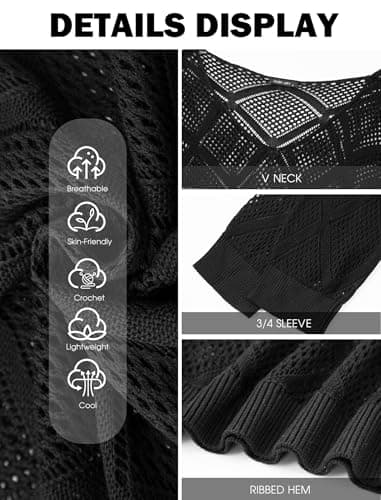 HUSKARY Beach Vacation Clothes for Women 2026 Trendy Spring Summer V Neck Casual 3/4 Sleeve Off Shoulder Crochet Cover Up Tops Hollow Out T-Shirts - Thumbnail 5