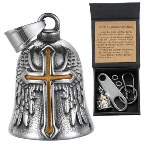 CTZSR Motorcycle Bell Guardian Angel - Good Luck Charm Gift For Rider Men Kids Friends With Gift Box, Legend Card, Keychain And Hanger & Weather-resistant Gremlin Bells For Bike Car (Golden) - Image 1
