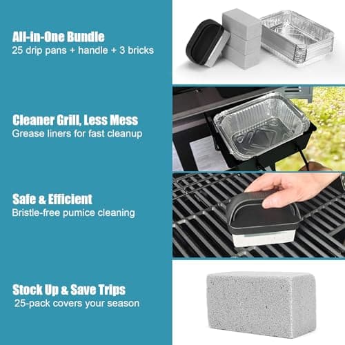 BLUES GRILL PARTS 25 Pack Aluminum Drip Pans & 4 Pack Grill Cleaning Pumice Bricks with Handle, Compatible with Weber Spirit, Genesis, Traveler, Q Series, Disposable Foil Grease Trays, for BBQ/Camping - Thumbnail 5