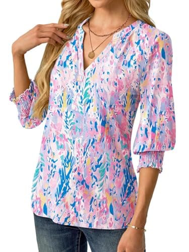 GKBK Womens 3/4 Sleeve Shirts V Neck Dressy Casual Spring Summer Blouses with Smocked Cuffs - Thumbnail 2