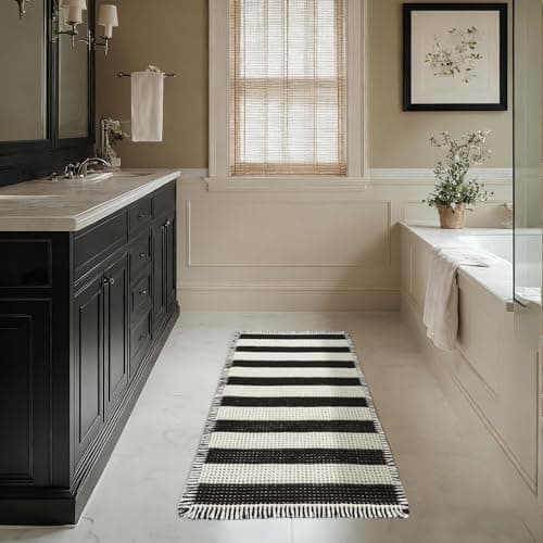 MatEssenz 2x4ft Waffle Bath Mat, Water Absorbing Bath Mat Nonslip Fast Drying Soft Foot Feeling Long Bathroom Rug for Bathroom, Machine Washable Runner Rug withTassels, Black and White Stripes - Image 1