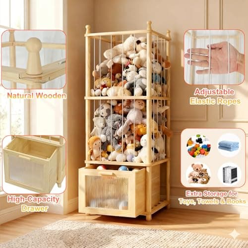 Kompaktayc Stuffed Animal Storage with Clear-View Drawer, Wooden Stuffed Animal Zoo Organizer for Nursery & Playroom, Holder for Plush Toys,Balls,Blocks,Wooden Home Decor - Thumbnail 3