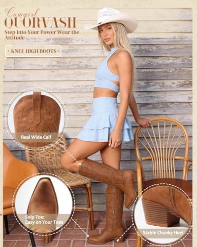 Quorvash Women's Wide Calf Cowboy Boots - Snip Toe Western Cowgirl Boots, Faux Leather Chunky Knee High Boots for Country Concerts & Nashville Outfits Brown Size 7.5 - Thumbnail 5