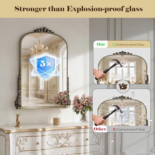 Vintage Bronze Arched Mirror - 40"x29" Large Matt Gold Antique Wall Mounted Mirror - Baroque Traditional Ornate for Entryway, Fireplace, Living Room, Hallway or Wall Decor (Upgrade Tempered Glass) - Thumbnail 6