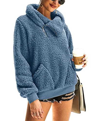KIRUNDO Winter Clothing for Women Sherpa Pullover Fleece Zip Sweatshirt 2025 Fall Fashion Fuzzy Faux Shearling Warm Outwear(Small, Denim Blue) - Image 1