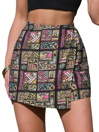 EXLURA Womens Summer Wrap Short Skirt Tropical Faux Linen Boho Mini Skirts Button Side High Waist Skort Beach Vacation Resort - Image 1