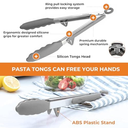 FINENUT Stainless Steel&Silicone Food Tongs Set of 3 (9+9+12 Inch) - BPA-Free&Heat Resistant Non-Scratch BBQ&Cooking Tools,Strong Grip Locking for Grilling,Pasta,Air Fryer,Salad,Dishwasher Safe - Thumbnail 6