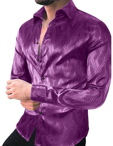 ZAFUL Men Metallic Satin Dress Shirt Luxury Jacquard Long Sleeve Casual Button Down Shirts Silk Shirts Purple XL - Image 1