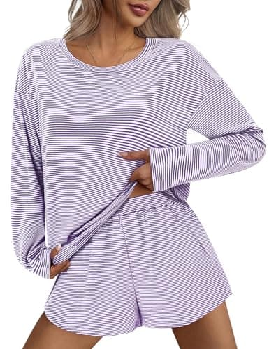 JUSTFASHIONNOW Womens Striped Pajama Sets Long Sleeve Top and Split Shorts Matching Lounge Set Loungewear Crew Neck Sleepwear Soft Pjs Fall Winter Cute Outfits (Purple, Small) - Thumbnail 2