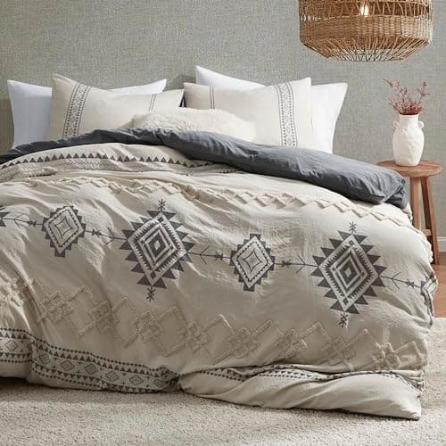 Oli Anderson Boho Duvet Cover Set Twin Size, Beige and Gray Color Clash 2 Pieces Microfiber Bedding Set, Durable and Super Soft Duvet Covers with Zipper and Ties, 68"*90" - Image 1