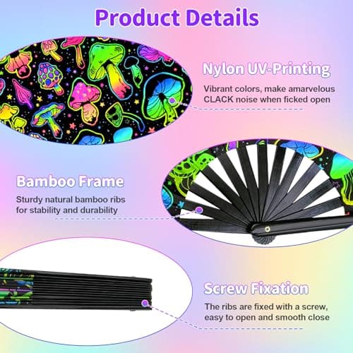 EOSAU UV Glow Large Rave Fan Folding Hand Fans for Line Dancing Portable Handheld Clack Fan for Festival EDM Party Music Outfit Accessories (13" Mushrooms) - Thumbnail 4