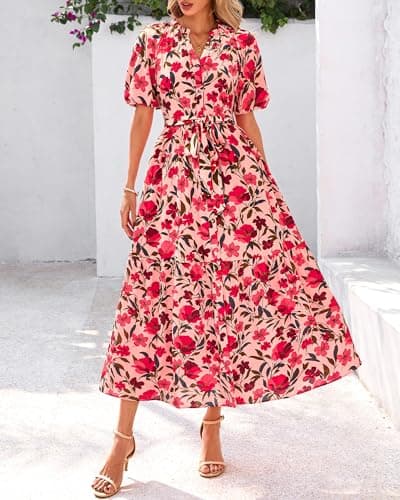 BTFBM Summer Dresses for Women 2026 Boho Short Sleeve V Neck Button Belt Flowy Spring Clothes Beach Vacation Maxi Dress(Floral Red Orange Pink, Medium) - Thumbnail 6