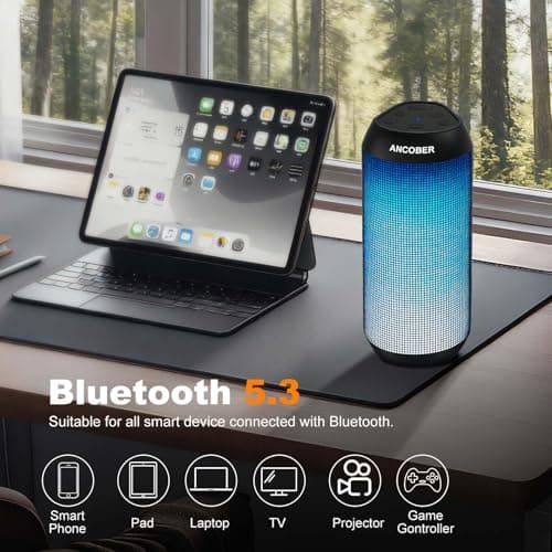 ANCOBER Portable Wireless Bluetooth Speaker with HD Powerful Stereo Sound, 8 Cool LED Light Modes, IPX4 Waterproof, 30H Playtime, TWS Pairing, BT5.3 with AUX-in, for Outdoor/Home/Party, Ideal Gift - Thumbnail 6