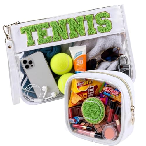 PEVART 2-Piece Tennis Gifts Makeup Snack Bag Chenille Letter Patch | Large Tennis Clear PVC Travel Zipper Pouch Accessories Stuff Waterproof Portable Sport Bag for Women, Girls - Image 1