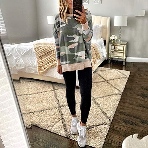 ECOWISH Women Side Split Sweatshirt: Fall Crewneck Long Sleeve Oversized Camo Shirts Casual Camouflage Print Pullover Tops 017 Beige L 017 Beige M - Thumbnail 2