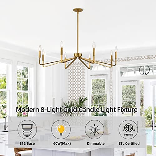 ACANER 38" Gold Chandeliers for Dining Room, 8-Light Modern Farmhouse Chandelier Light Fixture, Brushed Brass Industrial Candle Lighting Hanging Ceiling for Living Room Bar Kitchen Island Lights - Thumbnail 2