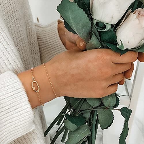 Dainty Gold Layered Bracelets for Women, 14K Gold Plated Layering Paperclip Link Chain Bracelets Personalized Oval Screw Clasp Charm Bracelets Layered Gold Bracelets for Women Jewelry（Bead Chain&Oval） - Thumbnail 3