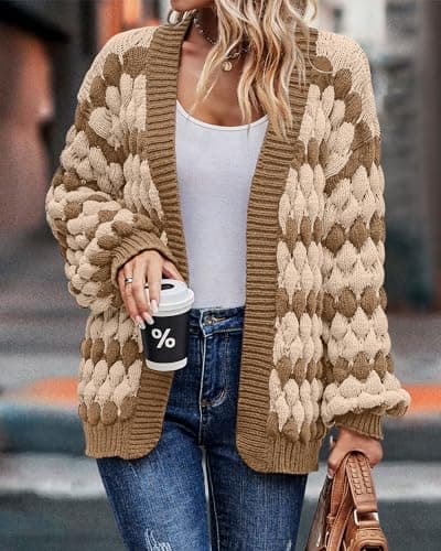 KIRUNDO Cardigan Sweaters for Women Trendy Fall Lantern Long Sleeve Open Front Striped Color Block Cable Knit Sweater Jackets Winter Coats Boho Cardigan Khaki(Khaki, Large) - Thumbnail 3