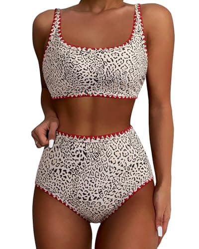 SUUKSESS Women High Waisted Bikini Sets Floral Print Color Block Two Piece Swimsuit Push Up Bathing Suit (Leopard Red, M) - Image 1