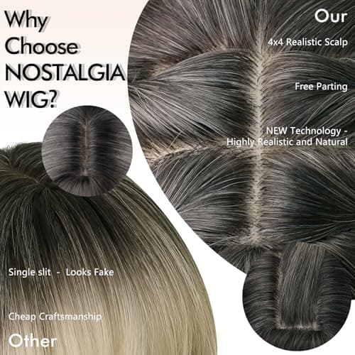 NOSTALGIA Wig with Bangs for Women Blonde with Dark Roots 20 Inch, 4x4 Realistic Scalp & Free Parting, Layered Heat Resistant Synthetic Hair for Everyday Use - Thumbnail 3