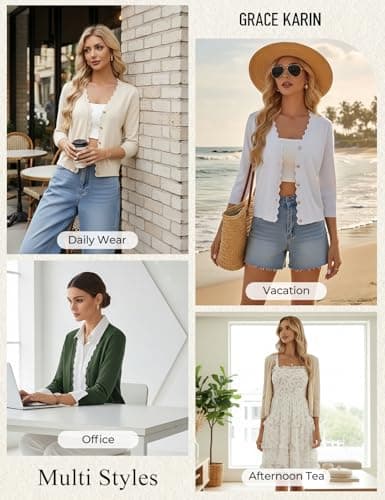 GRACE KARIN Women Cropped Lightweight Cardigan, Business Casual 3/4 Sleeve Button Up Shrugs Vacation Outfits Beige - Thumbnail 4