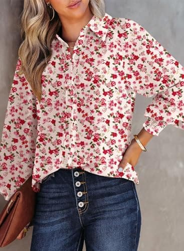 Dokotoo Womens Long Sleeve Tops for Women Work Business Button Down Ladies Blouses and Tops Loose Fit Dressy Allover Floral Print V Neck Office Boho Tunic Top 2026 Trendy Fall Outfits Red Large - Thumbnail 3