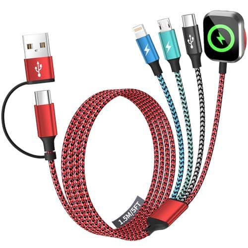 Travel Essentials 4in2 Multi Charging Cable for iPhone Watch Charger,USB A/C to Type C/iWatch Charger/IP/Micro,Travel Chargers for Multiple Device Compatible with iWatch Series&Phone 17-12/Android 5FT - Image 1