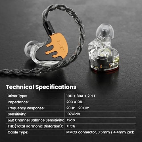 BASN BmasterX in Ear Audio Monitor, Hybrid 6 Drivers IEM Earphones with Crystal Clear Sound, Detachable Cable Plus Carrying Case Fit Kit for Musician, Stage, Studio (3.5mm & 4.4mm Jack, Orange/Black) - Thumbnail 4