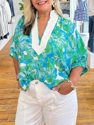 Cicy Bell Womens Summer Floral Blouses V Neck Puff Half Sleeve Boho Tops Color Block Dressy Casual Shirts Green - Thumbnail 3