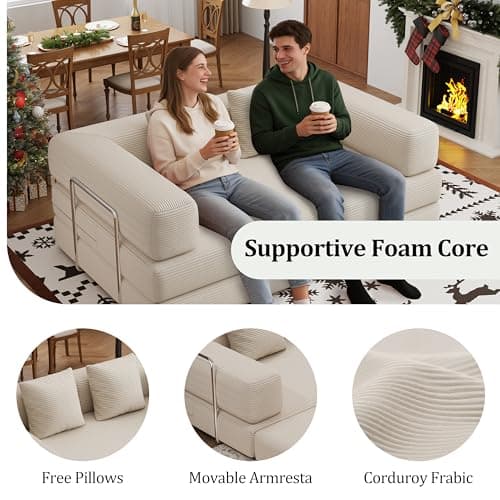 BSHOMGI 4-in-1 Foldable Sofa Bed Teddy Fabric Foam-Filled Compressed Couch, Convertible Loveseat Sofa, Boneless FoldingSleeper for Living Room, Guest Bed, Playroom (Beige, 59” 2 Seat) - Thumbnail 4