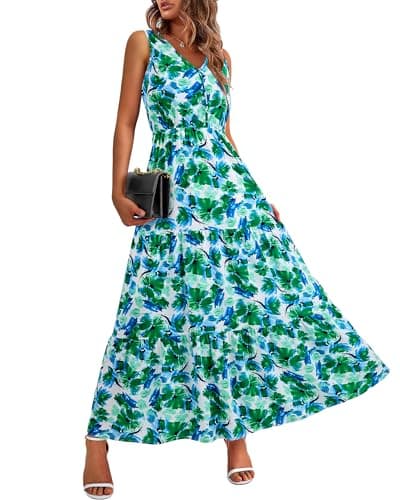 BTFBM Women Summer Dresses Casual Sleeveless Maxi Dresses Cute Floral Long Dress Wedding Guest Dress(Green Flower,XX-Large) - Image 1