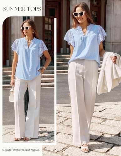 GRACE KARIN Lace Short Sleeve Tops Flowy,Dressy Casual Cotton Blouses Eyelet,V Neck Dress Shirts Trendy Clothing Summer 2026 Light Blue - Thumbnail 2