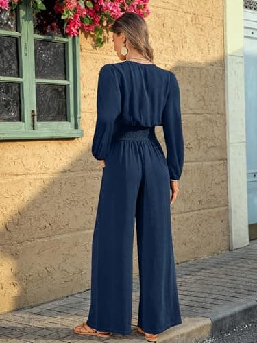 LOOKBOHO Womens Jumpsuits 2026 Long Sleeve Dressy Casual V Neck High Waist Wide Leg Romper Fall One Piece Outfits Navy X-Large - Thumbnail 3