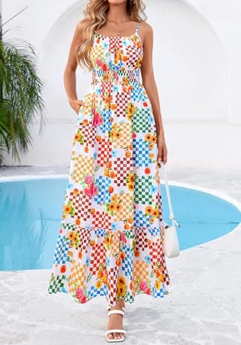 BTFBM Summer Dresses for Women 2026 Sundresses Sleeveless Spaghetti Strap Boho Beach Vacation Outfits Spring Maxi Dress(Floral Plaid Multicolored, X-Large) - Thumbnail 2