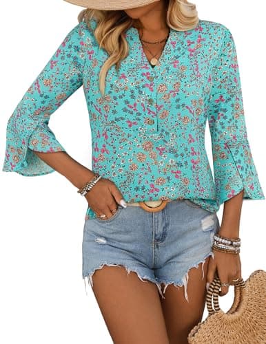 LOOKBOHO Boho Tops for Women Casual Dressy 3/4 Sleeve Bell Sleeve Tops Button V-Neck Business Shirts Green&Blue S - Image 1