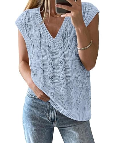 BTFBM Sweater Vest Women Oversized V Neck Cable Knit Casual Pullover Sweaters Fall Outfits 2025 Sleeveless Tops(Light Blue, Small) - Image 1
