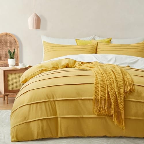 Oli Anderson Mist Yellow Duvet Cover Queen Size - Pleated Queen Duvet Cover, 3PCS Soft and Breathable Textured Bedding Set with Zipper Closure(Mist Yellow,90"x90") - Image 1