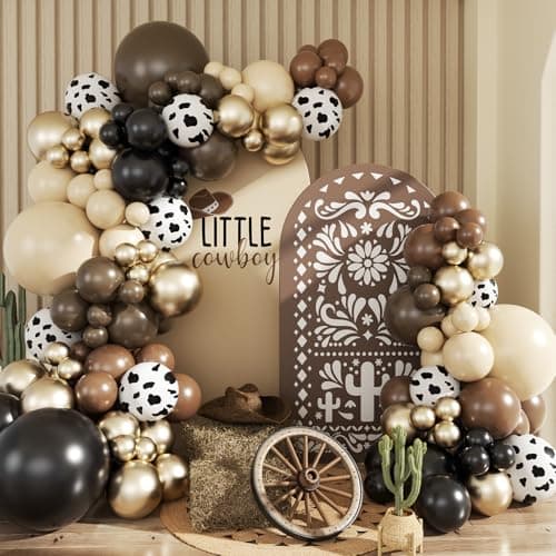 JOYFLOAT Western Cowboy Brown Balloon Garland Arch Kit, Neutral Gold Dusty White Cow Print Balloons for Western Baby Shower Decorations Birthday Farm Wild West Cowgirl Party Decoration - Image 1
