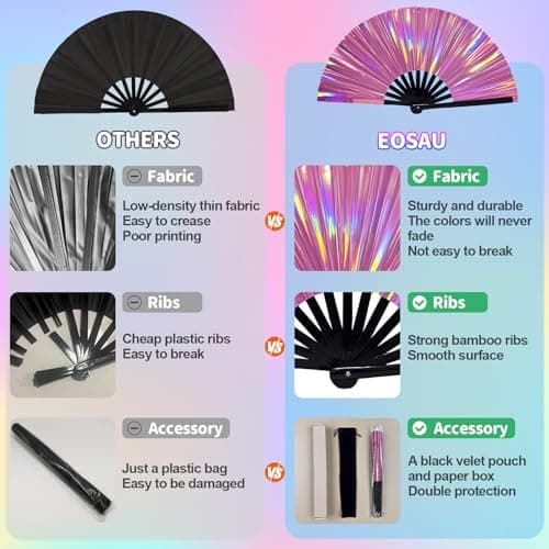 EOSAU Large Holographic Rave Fan Folding Hand Fans for Line Dancing Portable Handheld Clack Fan for Festival EDM Party Music Outfit Accessories (13" Pink 01) - Thumbnail 6